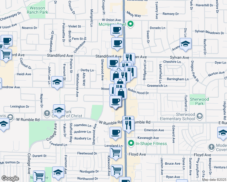 map of restaurants, bars, coffee shops, grocery stores, and more near 202 Woodrow Avenue in Modesto