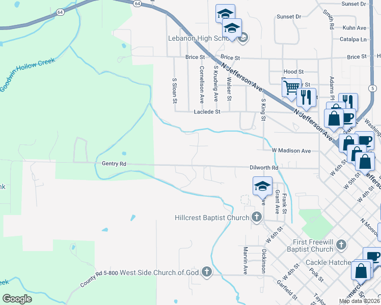 map of restaurants, bars, coffee shops, grocery stores, and more near 601 Twin Valley Drive in Lebanon