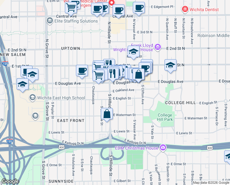 map of restaurants, bars, coffee shops, grocery stores, and more near 3217 East Oakland Avenue in Wichita