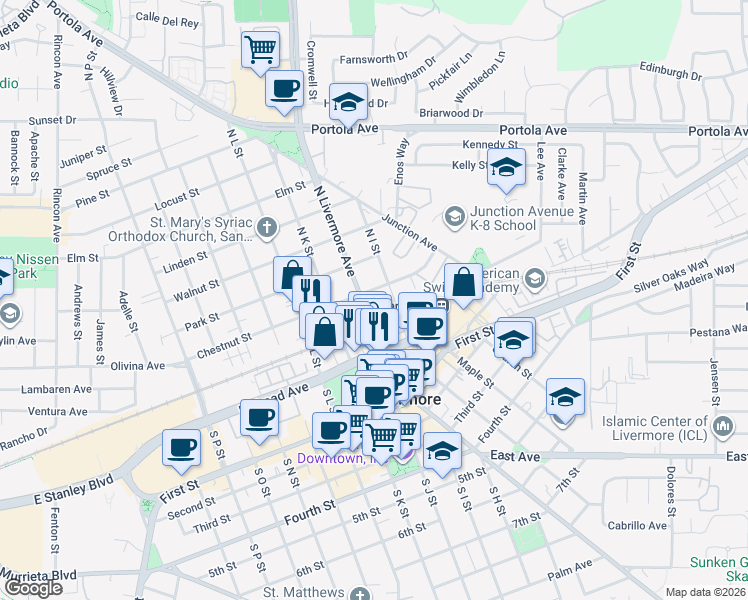 map of restaurants, bars, coffee shops, grocery stores, and more near 2255 Chestnut Street in Livermore