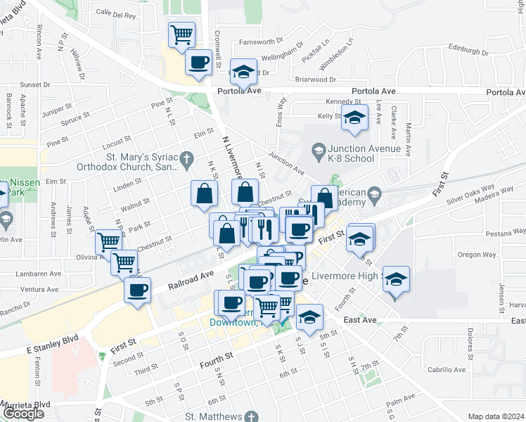 map of restaurants, bars, coffee shops, grocery stores, and more near 2255 Chestnut Street in Livermore