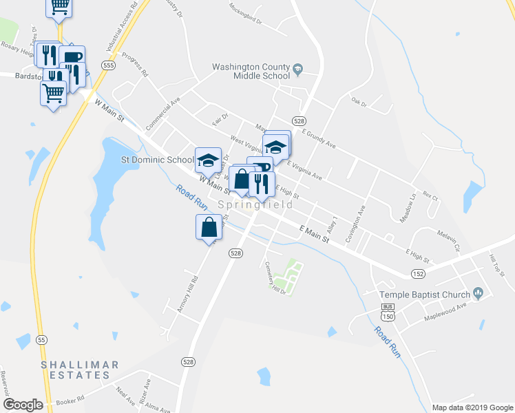 map of restaurants, bars, coffee shops, grocery stores, and more near 100 West Main Street in Springfield