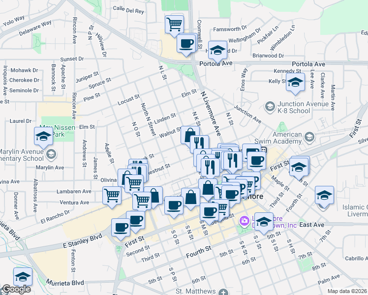 map of restaurants, bars, coffee shops, grocery stores, and more near 462 North M Street in Livermore