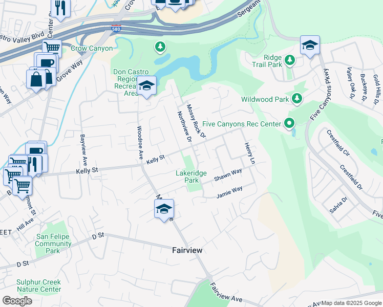 map of restaurants, bars, coffee shops, grocery stores, and more near 23049 Lakeridge Avenue in Hayward
