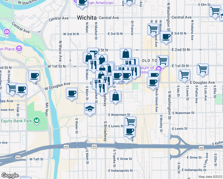 map of restaurants, bars, coffee shops, grocery stores, and more near 311 East Douglas Avenue in Wichita