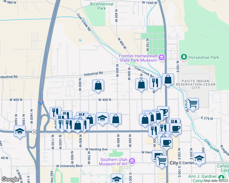 map of restaurants, bars, coffee shops, grocery stores, and more near 496 North 400 West in Cedar City