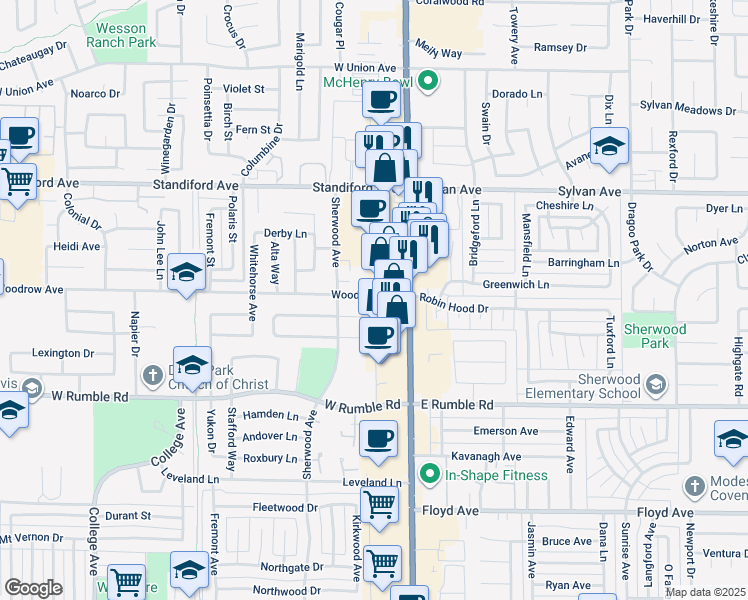 map of restaurants, bars, coffee shops, grocery stores, and more near 201 Woodrow Avenue in Modesto