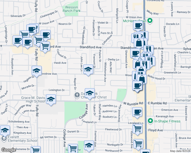 map of restaurants, bars, coffee shops, grocery stores, and more near 3308 Polaris Street in Modesto