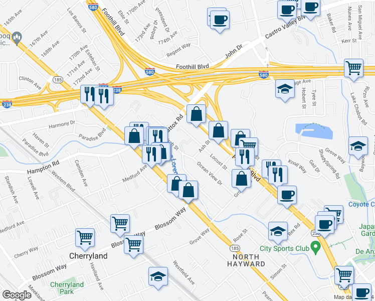 map of restaurants, bars, coffee shops, grocery stores, and more near 20925 Locust Street in Hayward