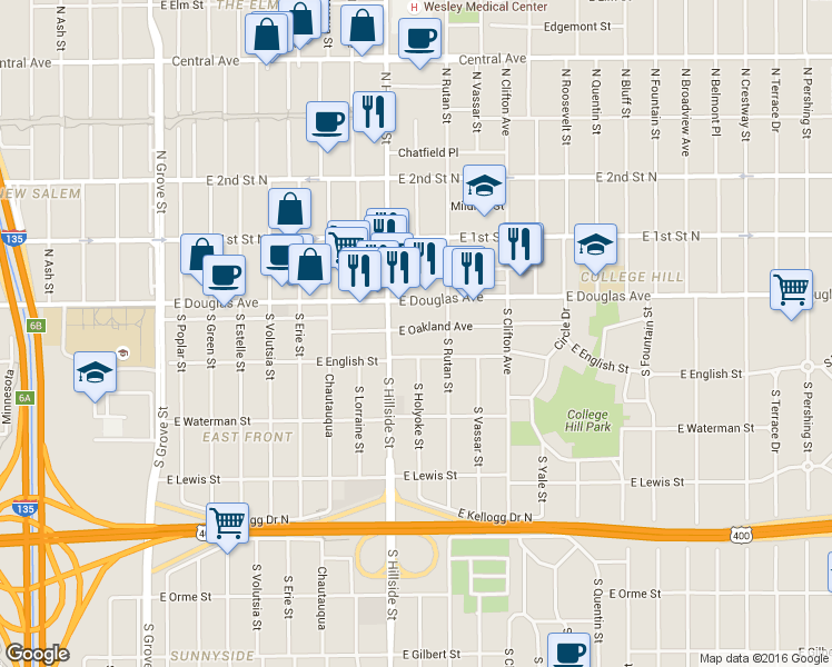 map of restaurants, bars, coffee shops, grocery stores, and more near 3219 East Douglas Avenue in Wichita