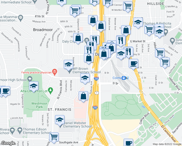 map of restaurants, bars, coffee shops, grocery stores, and more near 1762 Sullivan Avenue in Daly City