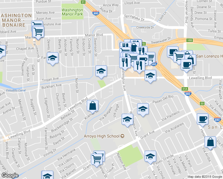map of restaurants, bars, coffee shops, grocery stores, and more near 746 Woodgate Court in San Leandro