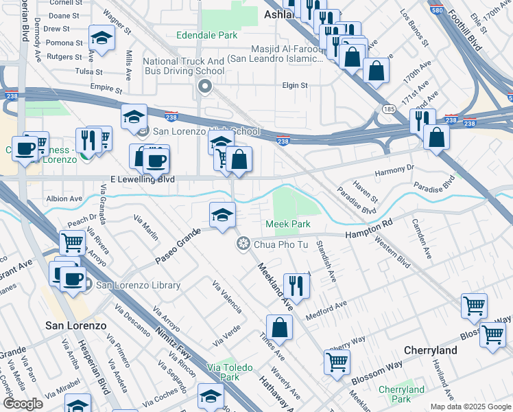 map of restaurants, bars, coffee shops, grocery stores, and more near 16941 Harvard Avenue in Hayward