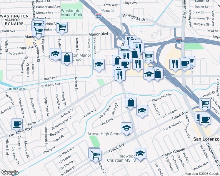 map of restaurants, bars, coffee shops, grocery stores, and more near 752 Woodgate Court in San Leandro