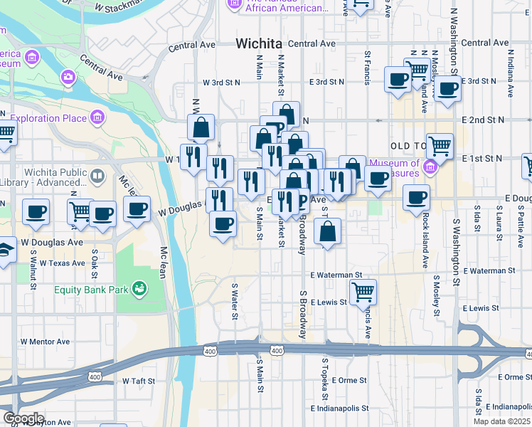 map of restaurants, bars, coffee shops, grocery stores, and more near 100 East Douglas Avenue in Wichita