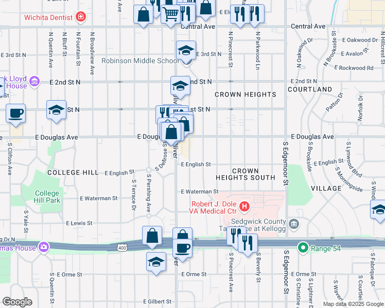 map of restaurants, bars, coffee shops, grocery stores, and more near 138 South Glendale Street in Wichita