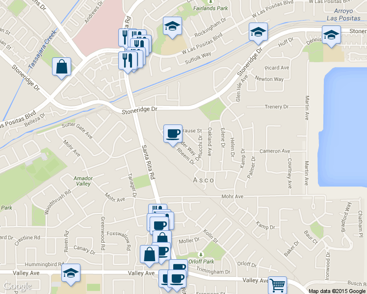 map of restaurants, bars, coffee shops, grocery stores, and more near 2128 Alexander Way in Pleasanton