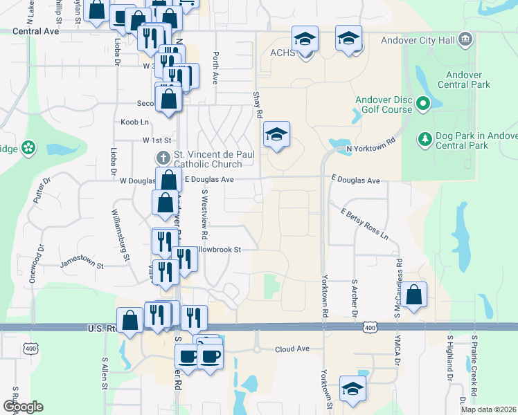 map of restaurants, bars, coffee shops, grocery stores, and more near 420 East Douglas Avenue in Andover