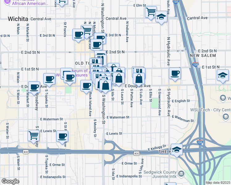 map of restaurants, bars, coffee shops, grocery stores, and more near 120 South Ida Street in Wichita
