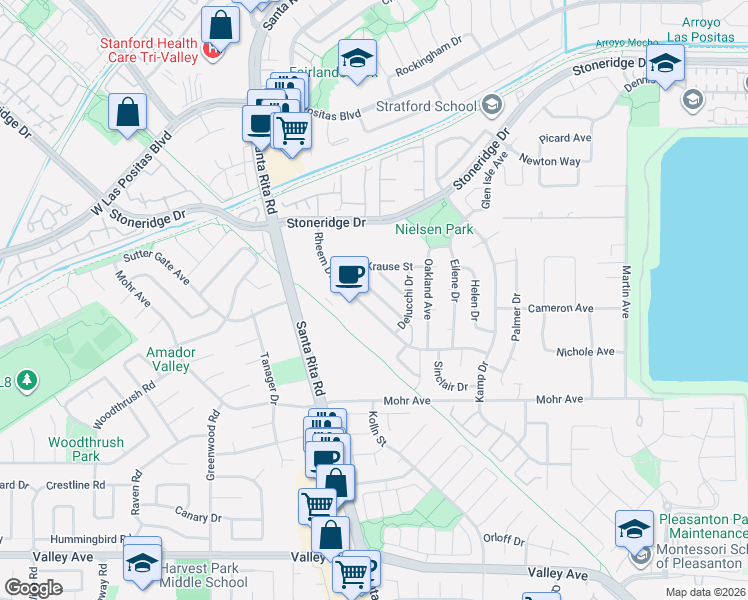 map of restaurants, bars, coffee shops, grocery stores, and more near 2128 Alexander Way in Pleasanton