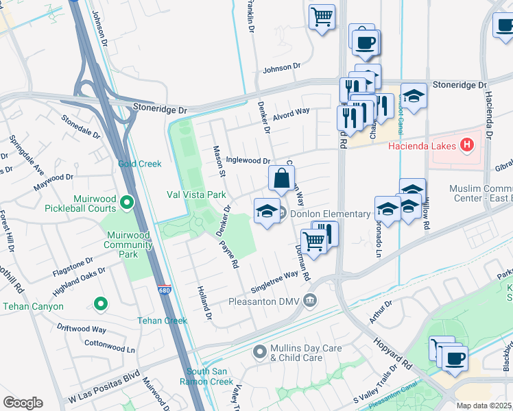 map of restaurants, bars, coffee shops, grocery stores, and more near 4339 Evelyn Court in Pleasanton