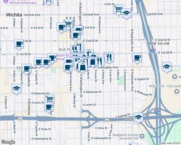 map of restaurants, bars, coffee shops, grocery stores, and more near 120 South Ida Street in Wichita