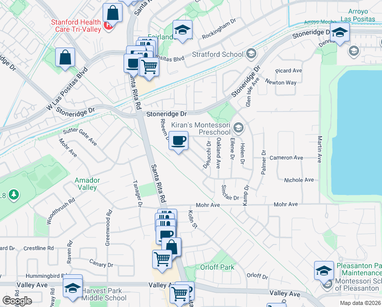 map of restaurants, bars, coffee shops, grocery stores, and more near 2128 Alexander Way in Pleasanton