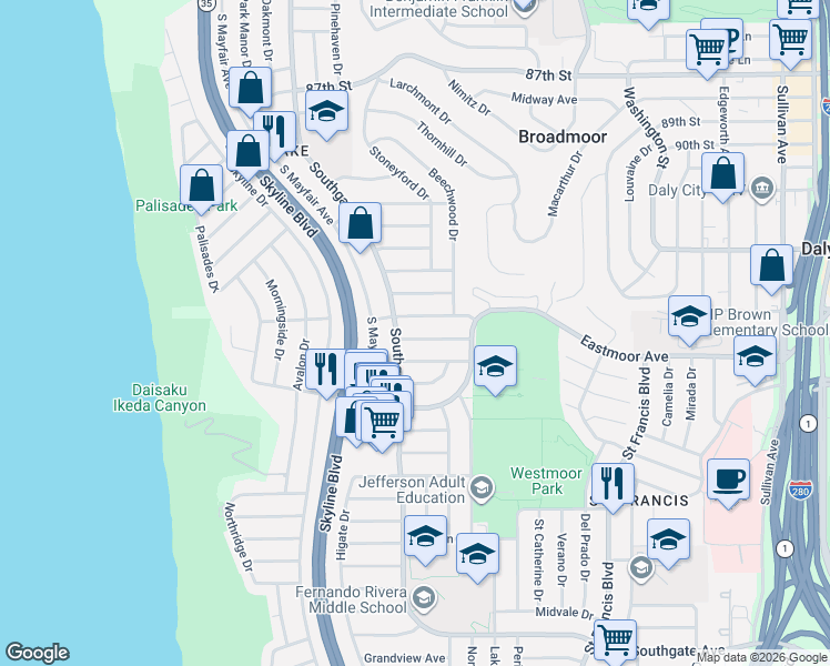 map of restaurants, bars, coffee shops, grocery stores, and more near 92 Ocean Grove Avenue in Daly City