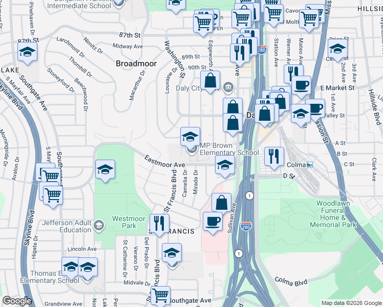 map of restaurants, bars, coffee shops, grocery stores, and more near 305 Eastmoor Avenue in Daly City