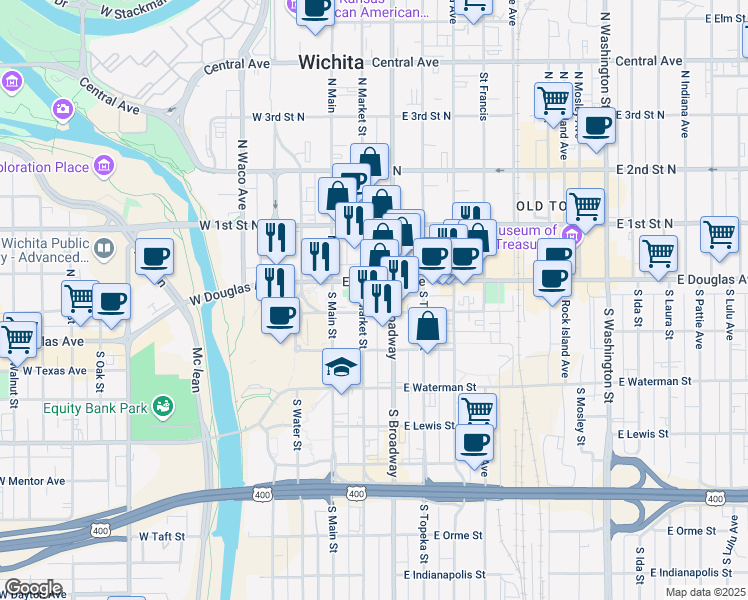 map of restaurants, bars, coffee shops, grocery stores, and more near 120 South Market Street in Wichita