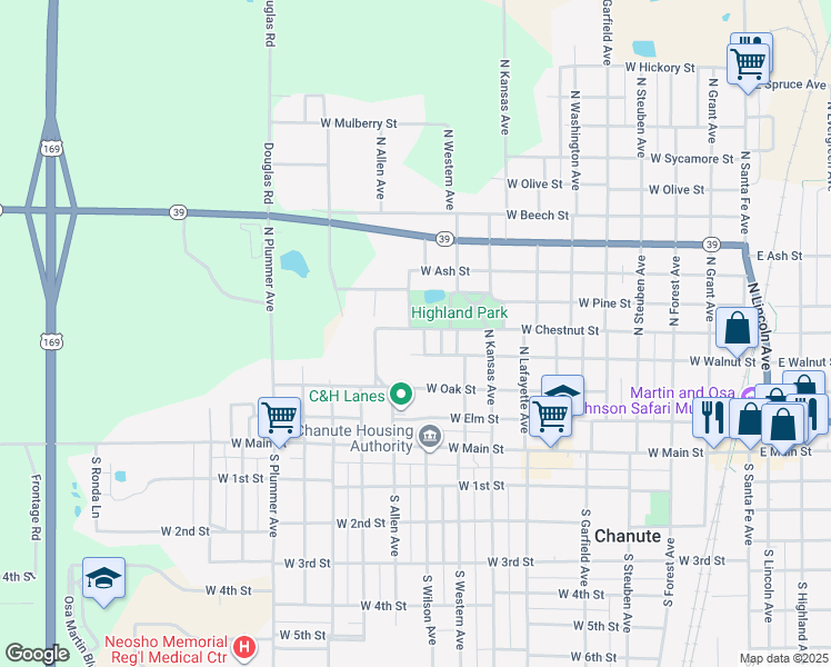 map of restaurants, bars, coffee shops, grocery stores, and more near West Chestnut Street in Chanute
