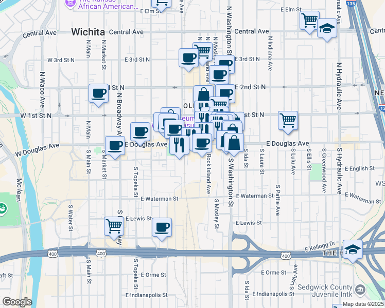 map of restaurants, bars, coffee shops, grocery stores, and more near 701 East Douglas Avenue in Wichita