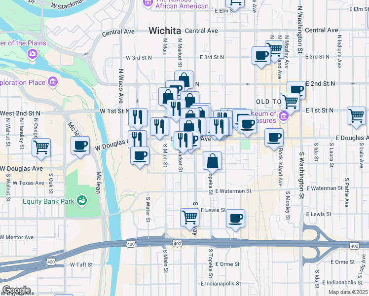 map of restaurants, bars, coffee shops, grocery stores, and more near 120 South Market Street in Wichita
