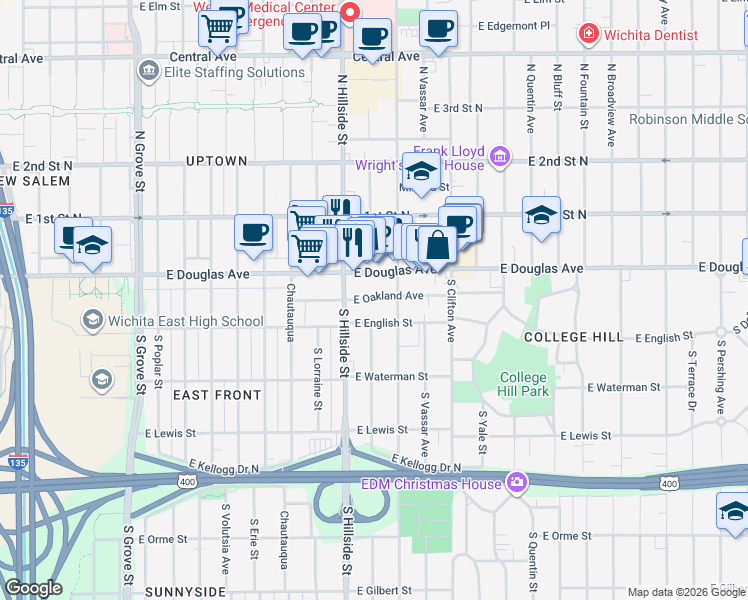 map of restaurants, bars, coffee shops, grocery stores, and more near 3231 East Oakland Avenue in Wichita