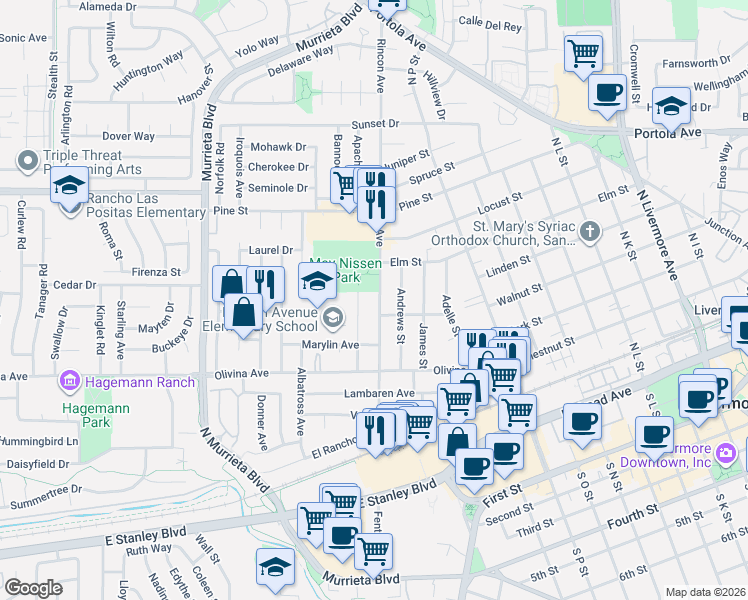 map of restaurants, bars, coffee shops, grocery stores, and more near 634 Rincon Avenue in Livermore