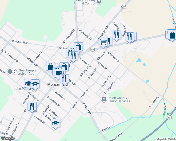 map of restaurants, bars, coffee shops, grocery stores, and more near 301-399 East Houston Street in Morganfield