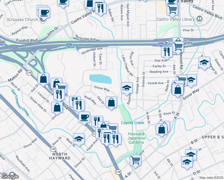 map of restaurants, bars, coffee shops, grocery stores, and more near 1872 Grove Way in Hayward