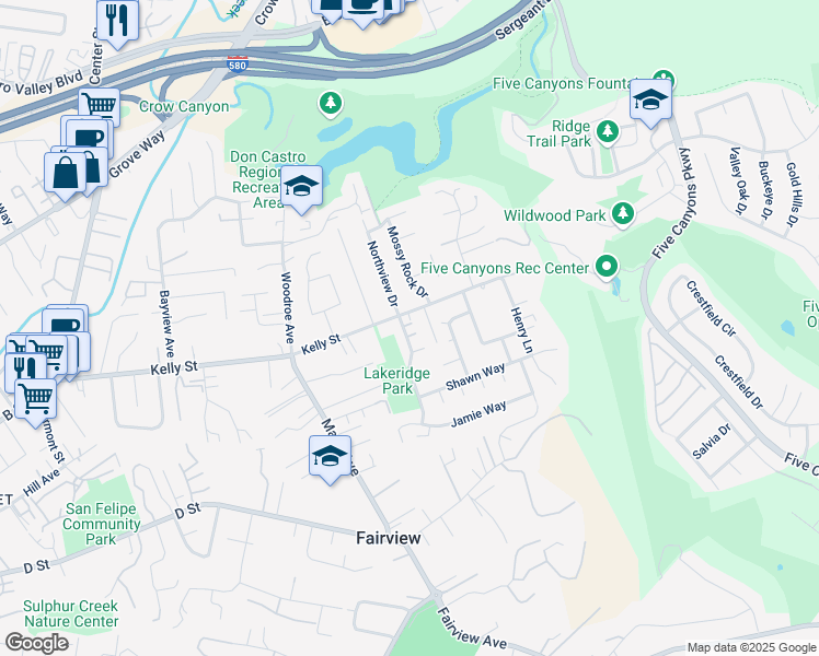 map of restaurants, bars, coffee shops, grocery stores, and more near 23056 Lakeridge Avenue in Hayward
