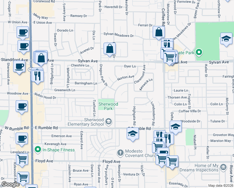 map of restaurants, bars, coffee shops, grocery stores, and more near 3400 Dragoo Park Drive in Modesto
