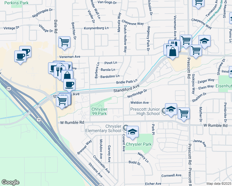 map of restaurants, bars, coffee shops, grocery stores, and more near in Modesto