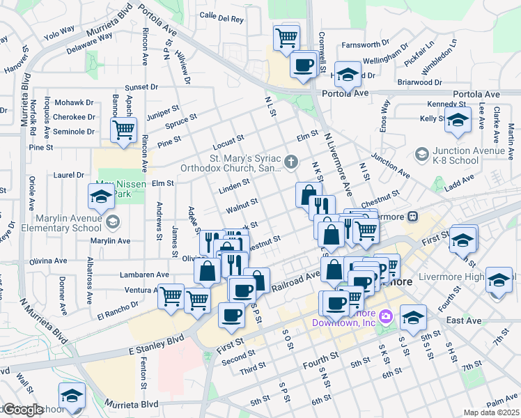 map of restaurants, bars, coffee shops, grocery stores, and more near 1822 Walnut Street in Livermore