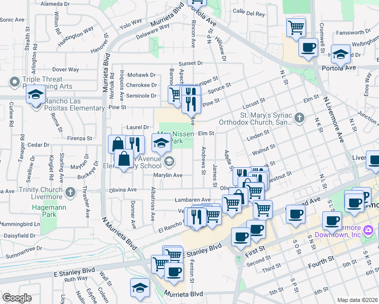 map of restaurants, bars, coffee shops, grocery stores, and more near 634 Rincon Avenue in Livermore