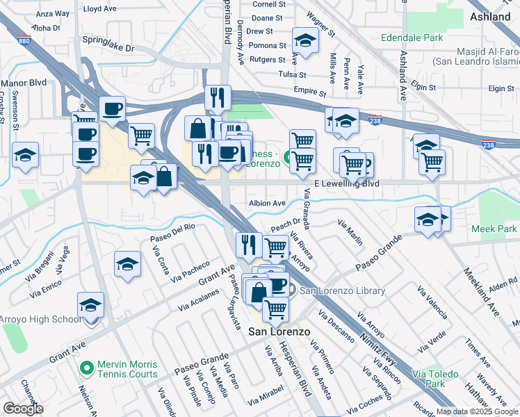 map of restaurants, bars, coffee shops, grocery stores, and more near 15640 Usher Street in San Lorenzo