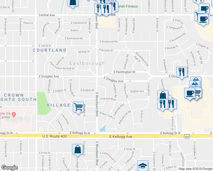 map of restaurants, bars, coffee shops, grocery stores, and more near 4 East Douglas Avenue in Wichita
