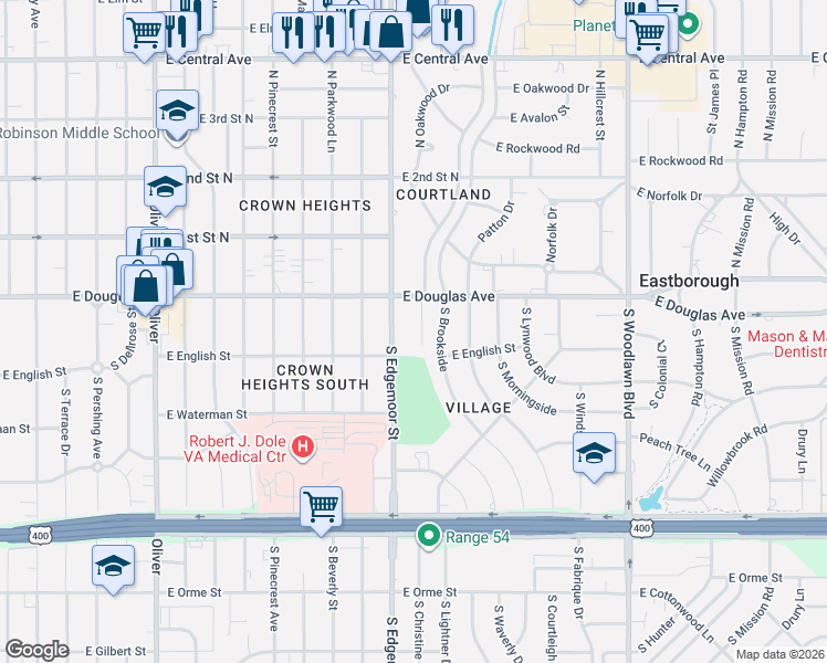 map of restaurants, bars, coffee shops, grocery stores, and more near 113 Oakwood Street in Wichita