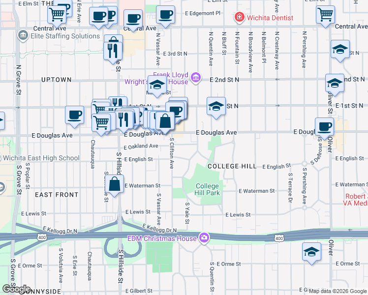 map of restaurants, bars, coffee shops, grocery stores, and more near 3751 East Douglas Avenue in Wichita