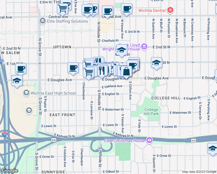 map of restaurants, bars, coffee shops, grocery stores, and more near 3219 East Douglas Avenue in Wichita
