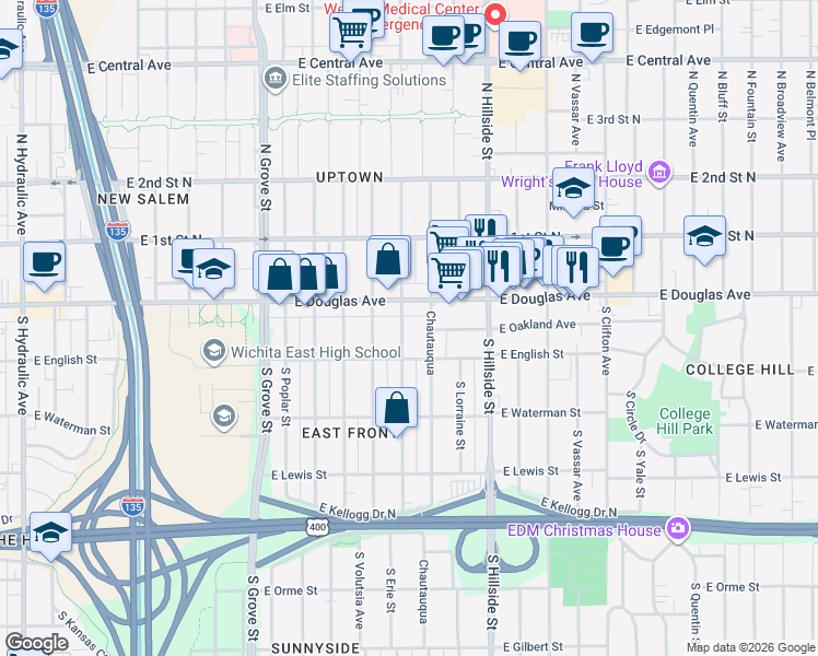 map of restaurants, bars, coffee shops, grocery stores, and more near 2911 East Douglas Avenue in Wichita