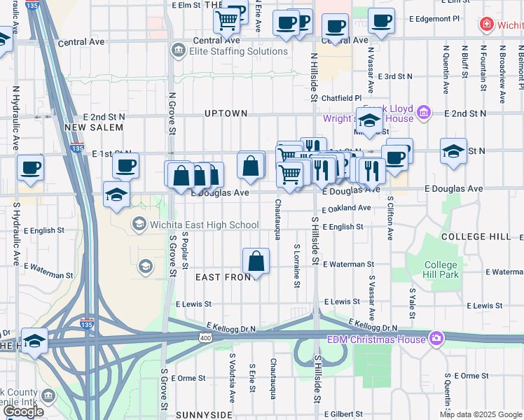 map of restaurants, bars, coffee shops, grocery stores, and more near 2911 East Douglas Avenue in Wichita