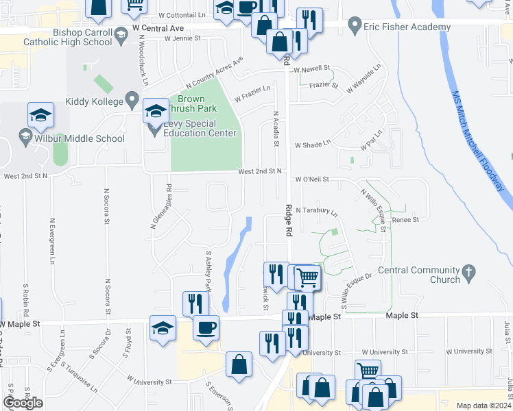 map of restaurants, bars, coffee shops, grocery stores, and more near 223 Brunswick Street in Wichita